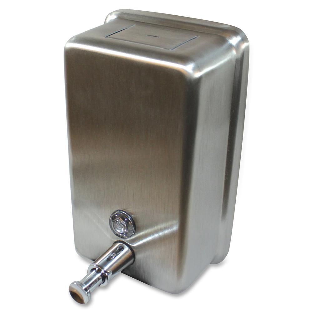 Genuine Joe Stainless Vertical Soap Dispenser - Manual - 1.25 quart Capacity - Tamper Proof, Theft Proof, Refillable - Stainless Steel - 1Each