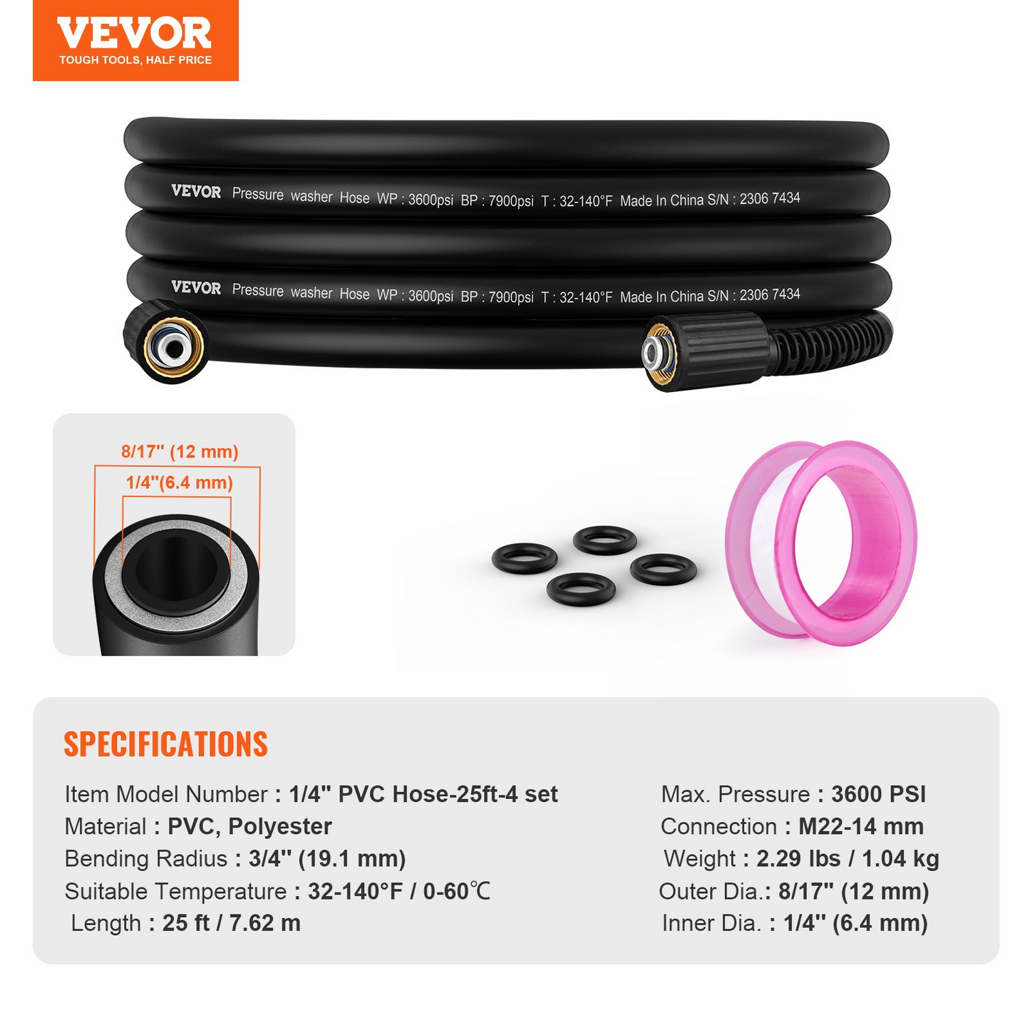 VEVOR Pressure Washer Hose, 25 FT, 1/4" Kink Free M22-14mm Brass Thread Replacement For Most Brand Pressure Washers, 3/4'' Bending Radius, 3600 PSI Heavy Duty Power Washer Extension Replacement Hose