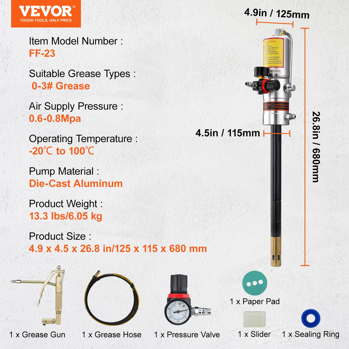 VEVOR Grease Pump, 50:1 Pressure Ratio Air Operated Grease Pump with 13 ft High Pressure Hose and Grease Gun, Pneumatic Grease Pump, Portable Lubrication Grease Pump with 360° Swivel Grease Gun Head