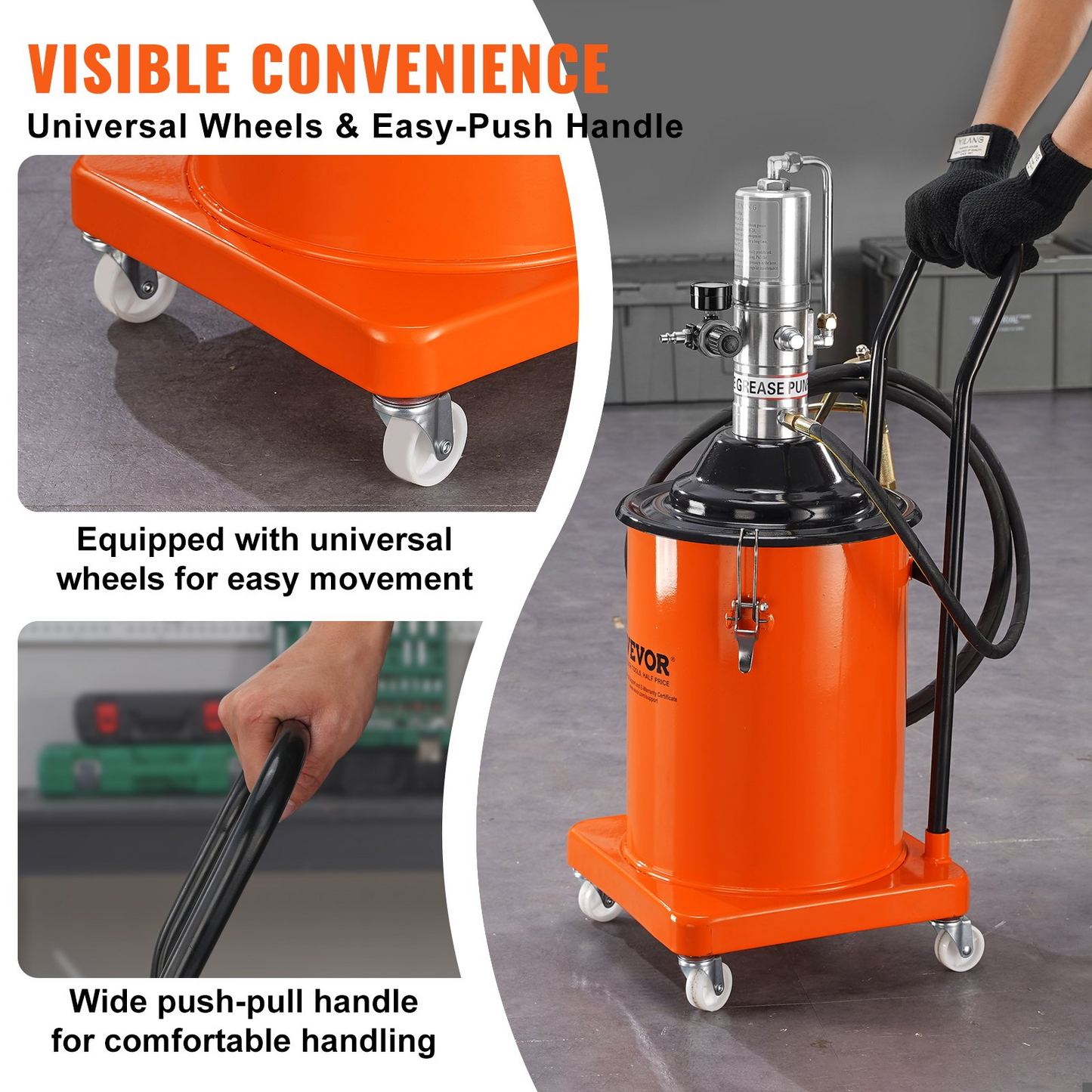 VEVOR Grease Pump, 5 Gallon 20L, Air Operated Grease Pump with 13 ft High Pressure Hose and Grease Gun, Pneumatic Grease Bucket Pump with Wheels, Portable Lubrication Grease Pump 50:1 Pressure Ratio