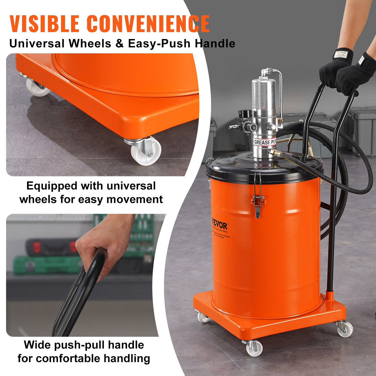 VEVOR Grease Pump, 10.5 Gallon 40L Air Operated Grease Pump with 13 ft High Pressure Hose and Grease Gun, Pneumatic Grease Bucket Pump with Wheels, Portable Lubrication Grease Pump 50:1 Pressure Ratio