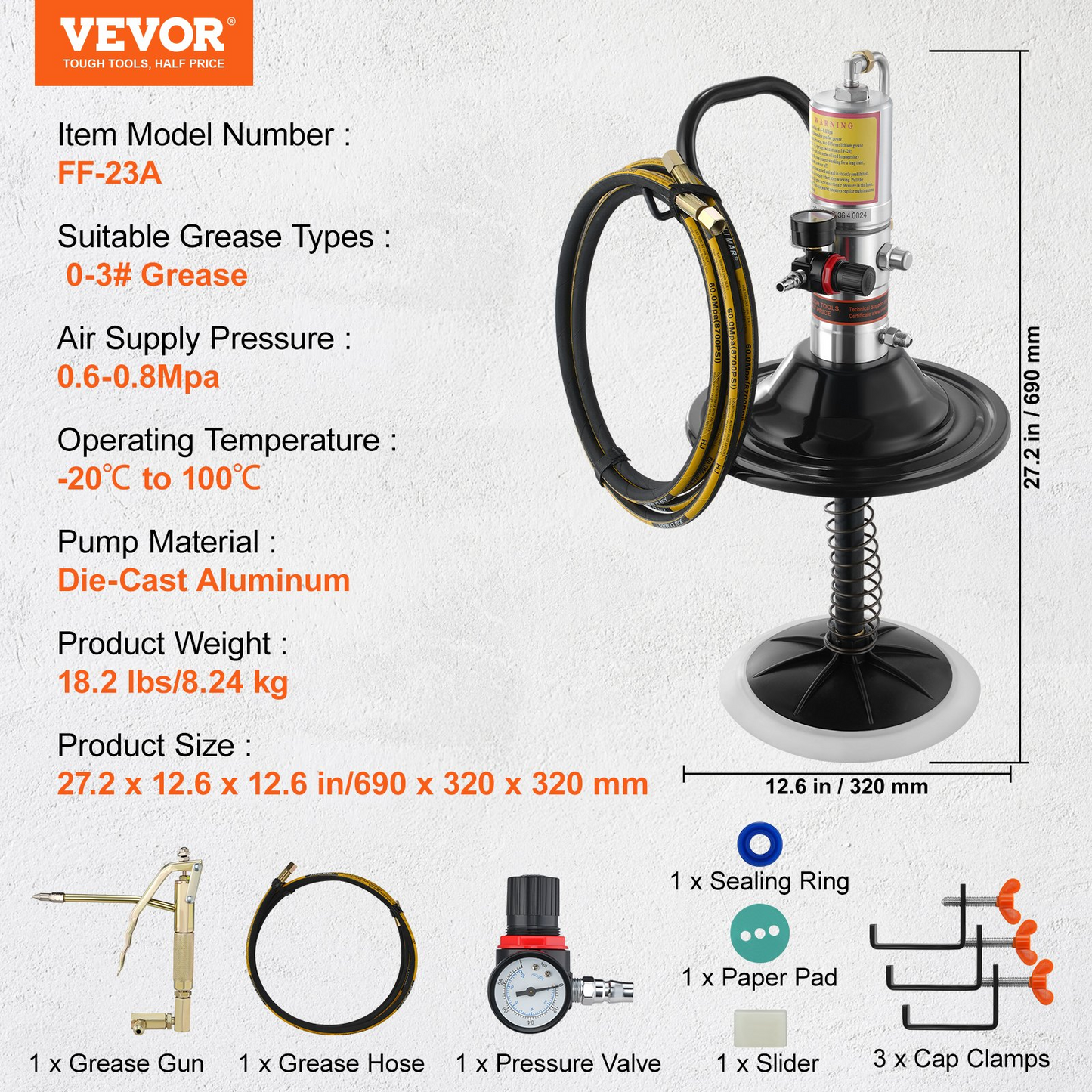 VEVOR Grease Pump, 50:1 Pressure Ratio Air Operated Grease Pump with 13 ft High Pressure Hose and Grease Gun, Pneumatic Grease Pump with Barrel Cap, Portable Lubrication Grease Pump 360° Gun Head