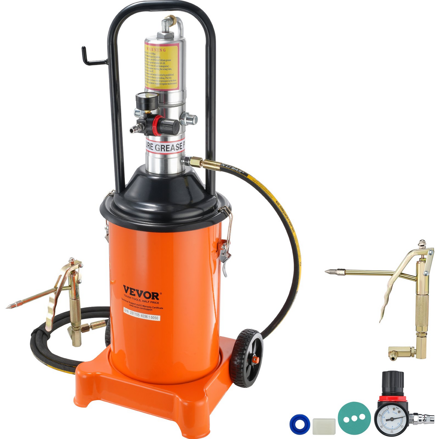 VEVOR Grease Pump, 3 Gallon 12L, Air Operated Grease Pump with 13 ft High Pressure Hose and Grease Gun, Pneumatic Grease Bucket Pump with Wheels, Portable Lubrication Grease Pump 50:1 Pressure Ratio